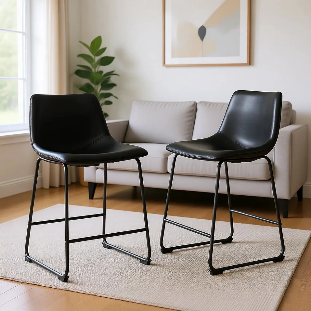 Home Bar Stools - Set Kursi Bar Kulit Imitasi Hitam