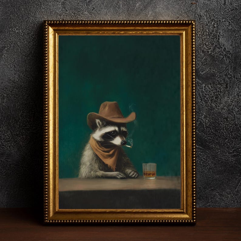 Home Bar Lounge - Lukisan Kanvas Vintage Gambar Rakun Merokok